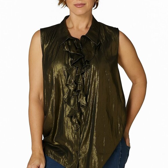 Lauren Ralph Lauren Tops - Ralph Lauren Gold Metallic Sleeveless Top Size 20W Silk Blend Dressy Glam Ruffle